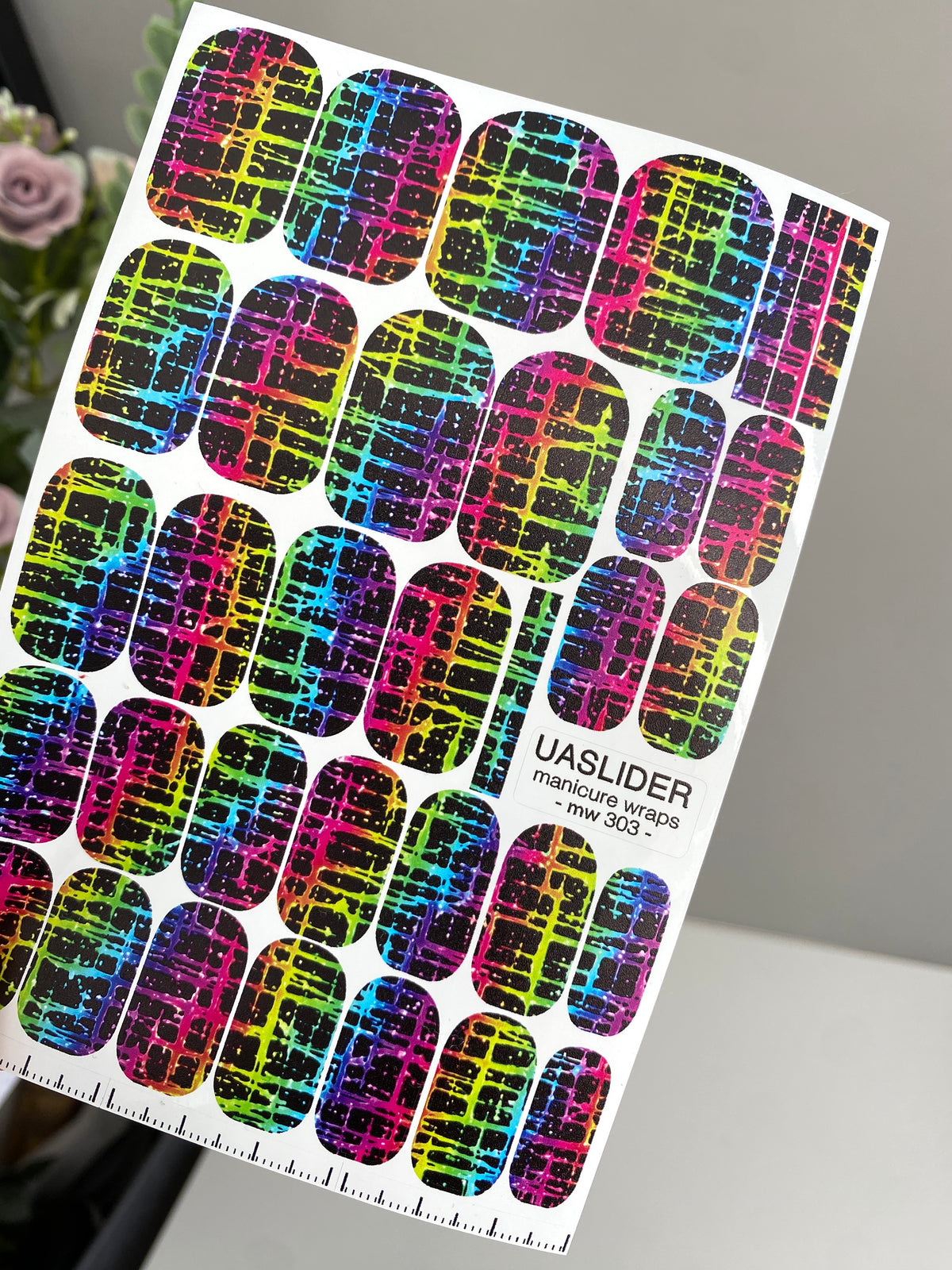 Neon Grid Manicure Wraps — Rainbow Plaid on Black | mw-303