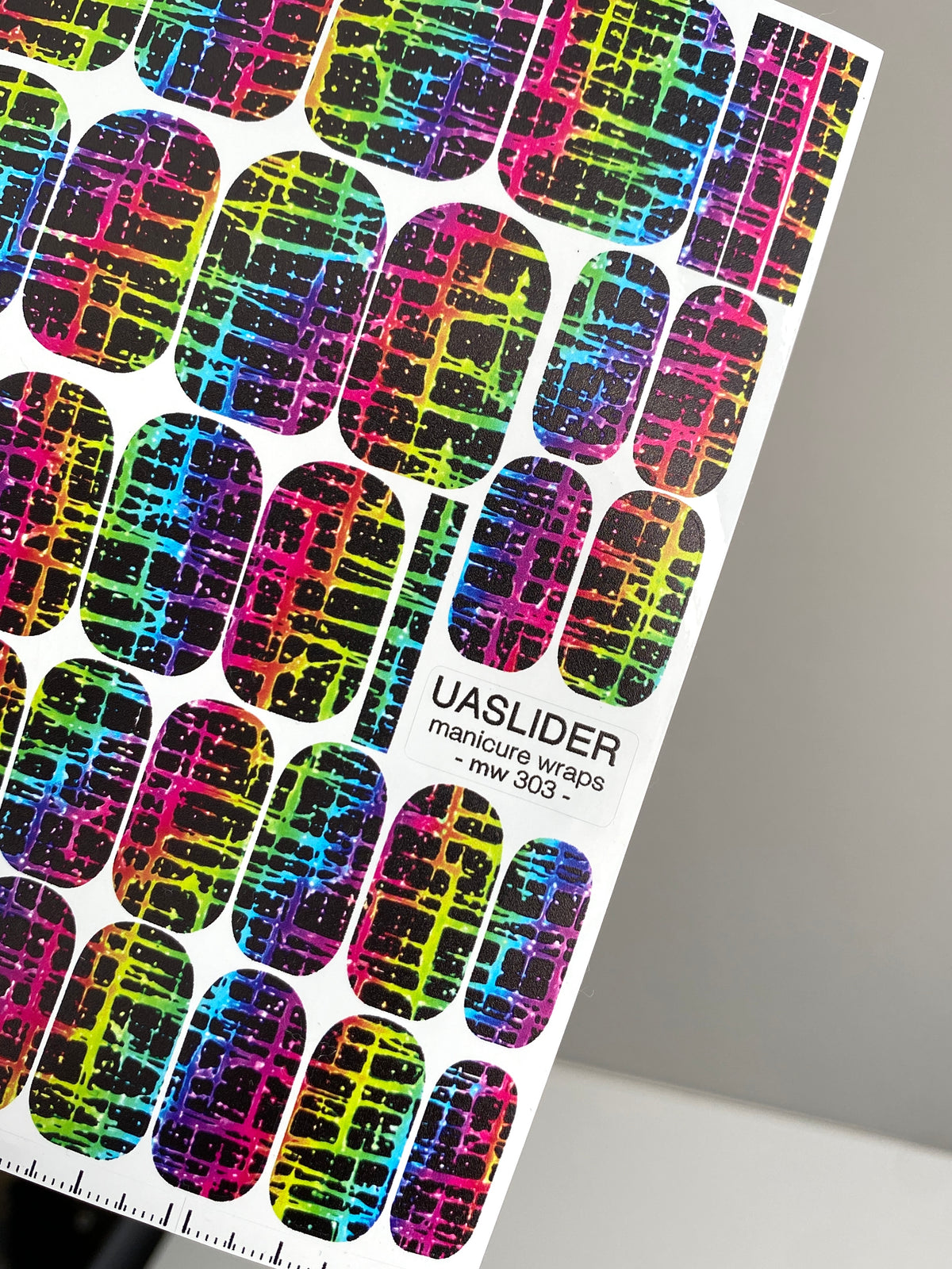 Neon Grid Manicure Wraps — Rainbow Plaid on Black | mw-303