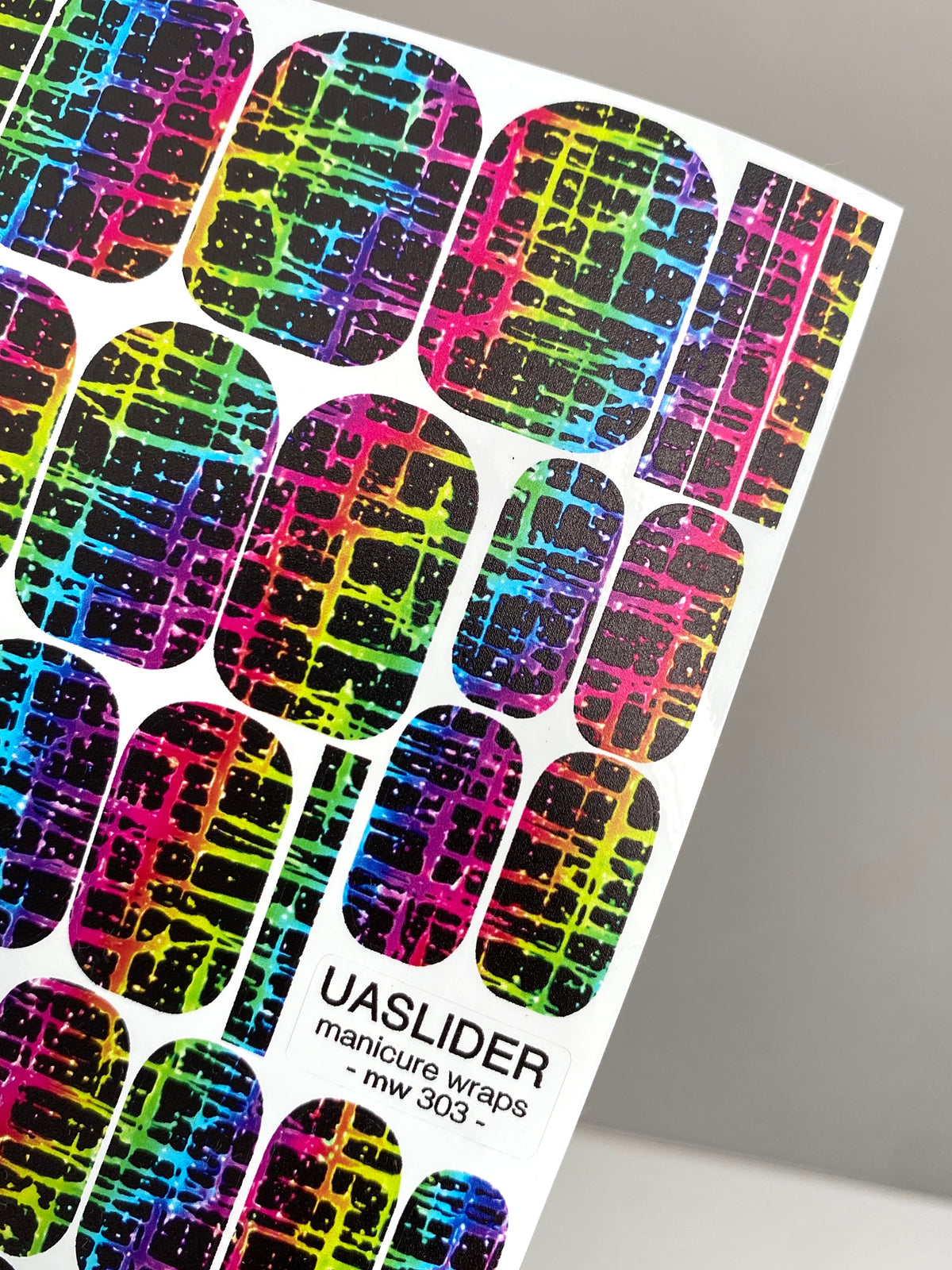 Neon Grid Manicure Wraps — Rainbow Plaid on Black | mw-303