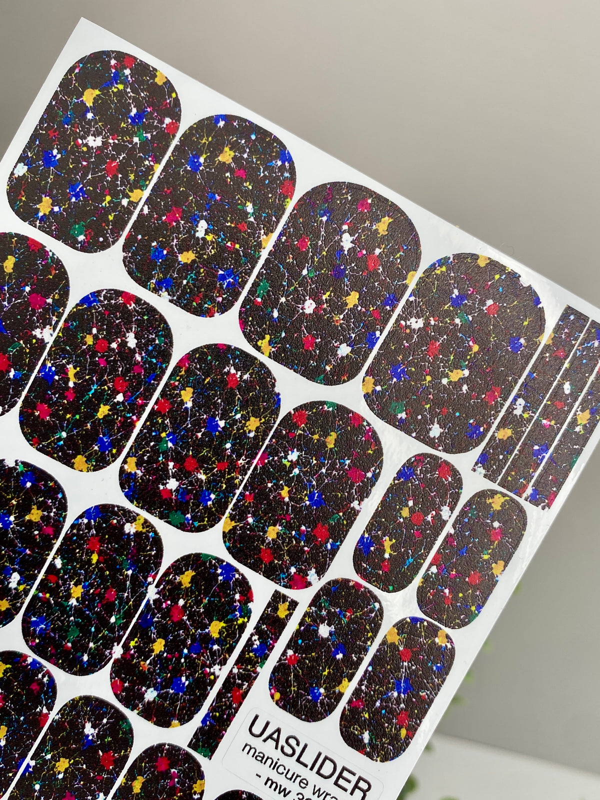Paint Splatter Manicure Wraps — Color on Black | mw-304