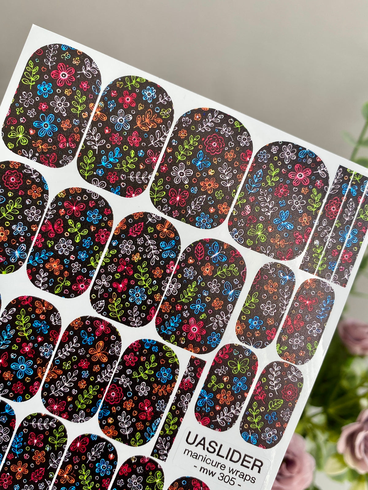 Colorful Doodle Flowers Manicure Wraps — Black | mw-305