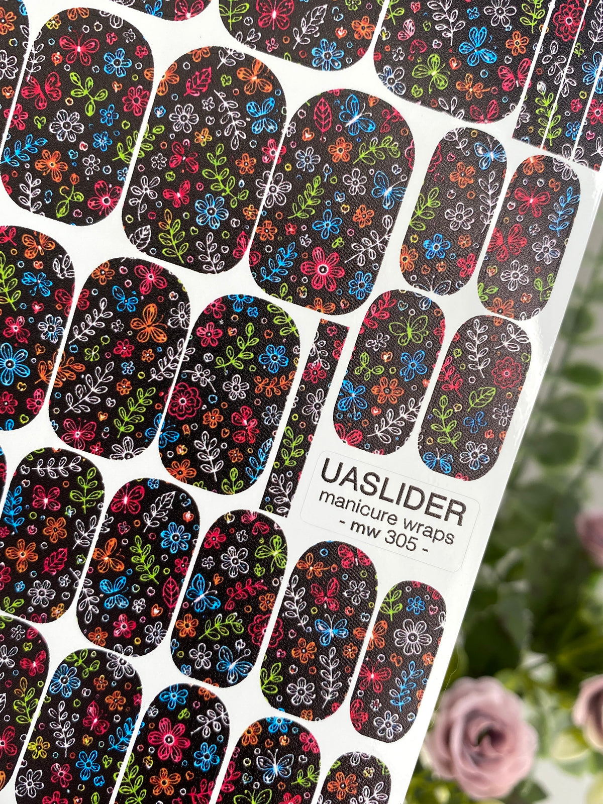 Colorful Doodle Flowers Manicure Wraps — Black | mw-305