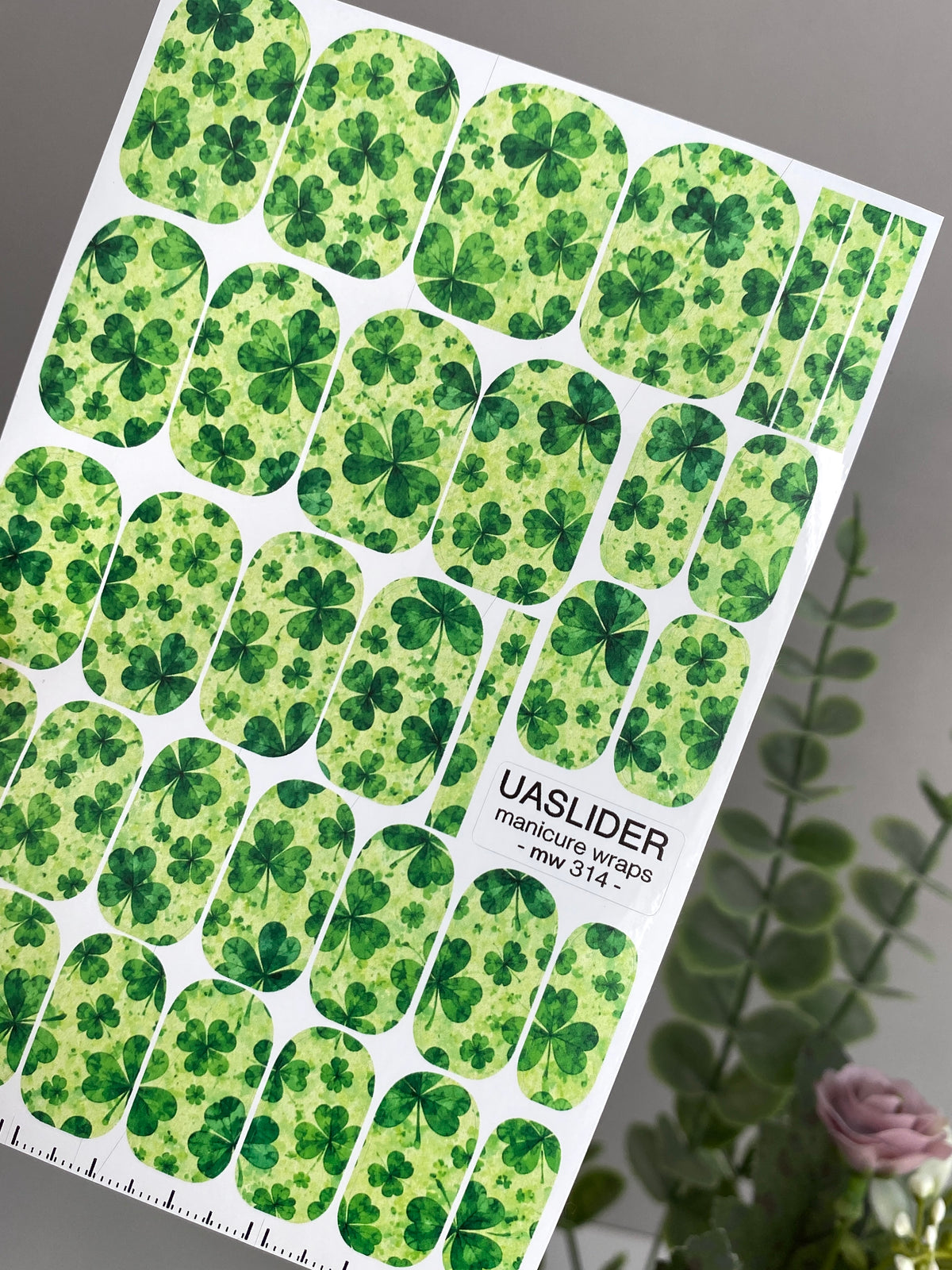 Four-Leaf Clover Manicure Wraps — Green Lucky Pattern | mw-314