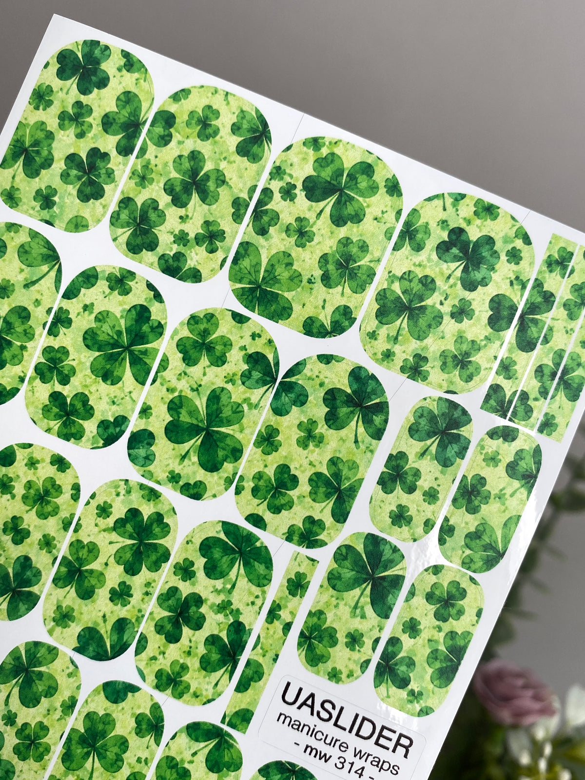 Four-Leaf Clover Manicure Wraps — Green Lucky Pattern | mw-314