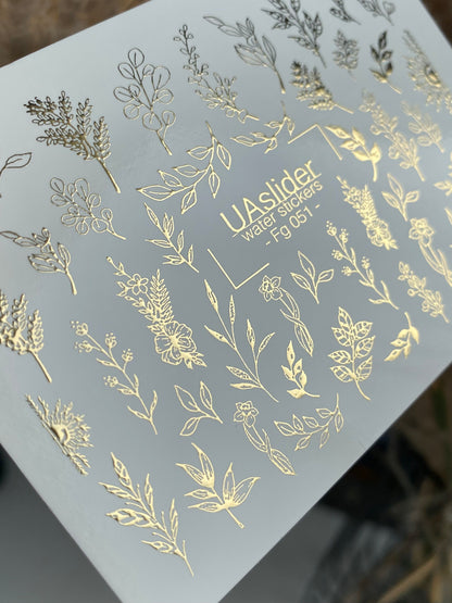 Nail Water Decal Fg-051 | Water Slide Nail Decals Gold Botanical | Floral Branches and Leaves Nail Art