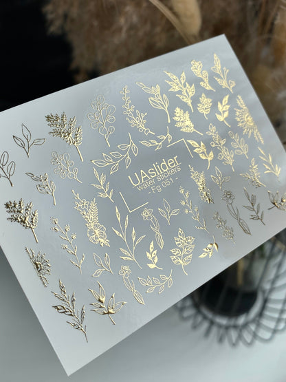 Nail Water Decal Fg-051 | Water Slide Nail Decals Gold Botanical | Floral Branches and Leaves Nail Art