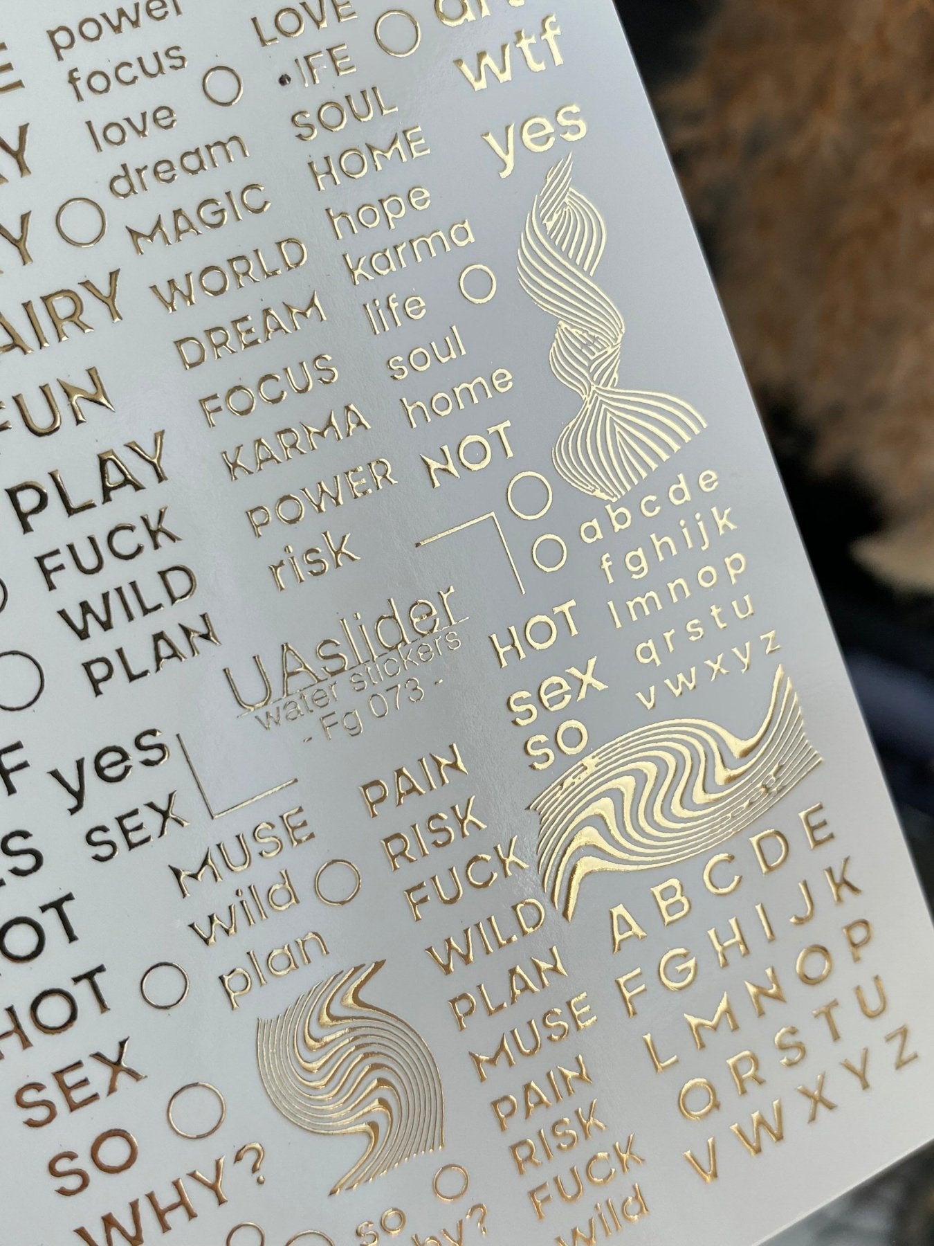 Nail Water Decal Fg-073 | Gold Foil Water Slide Nail Decals | Bold Words & Lettering - UASLIDER