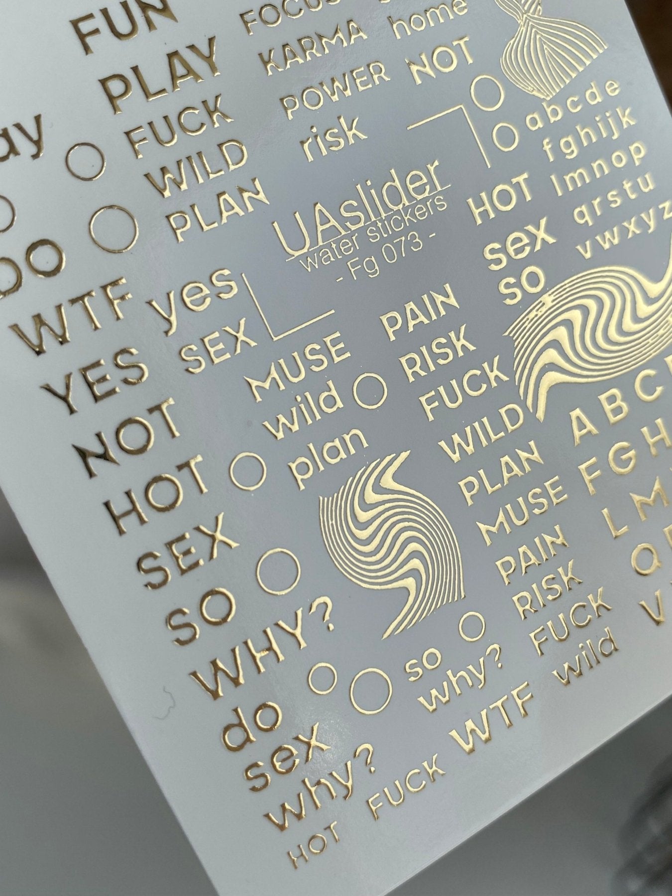 Nail Water Decal Fg-073 | Gold Foil Water Slide Nail Decals | Bold Words & Lettering - UASLIDER