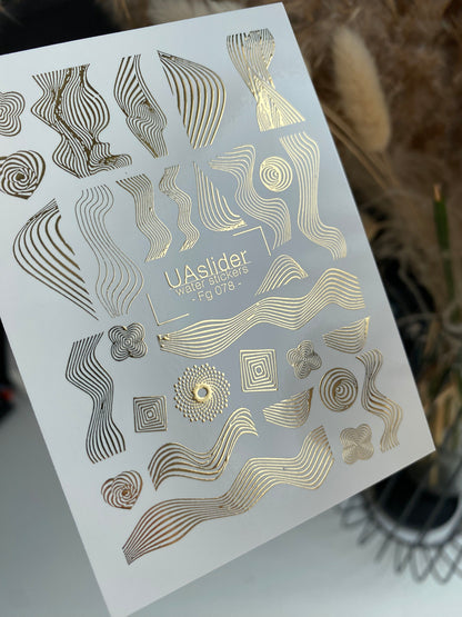 Nálepky na nehty Fg-078 | Zlaté fóliové vodní nálepky na nehty | Abstraktní vlny a geometrické linie