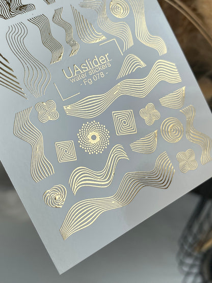 Nálepky na nehty Fg-078 | Zlaté fóliové vodní nálepky na nehty | Abstraktní vlny a geometrické linie