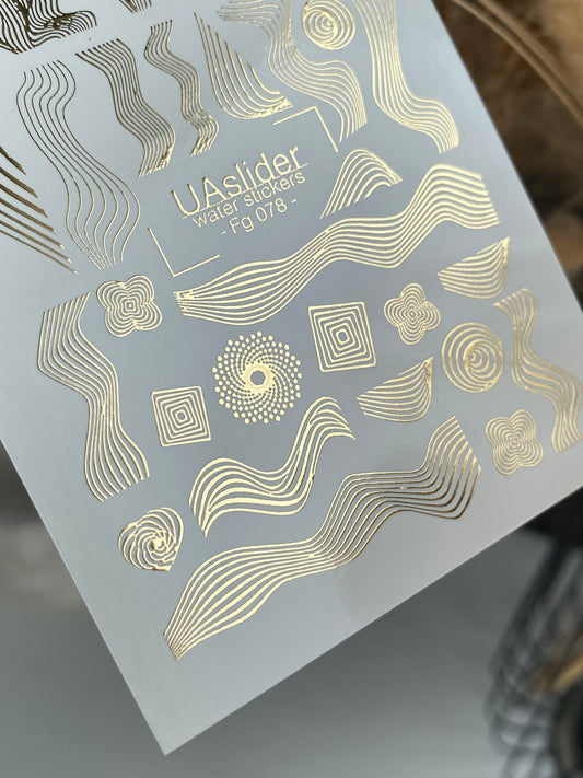 Nail Water Decal Fg-078 | Gold Foil Water Slide Nail Decals | Abstract Waves & Geometric Lines