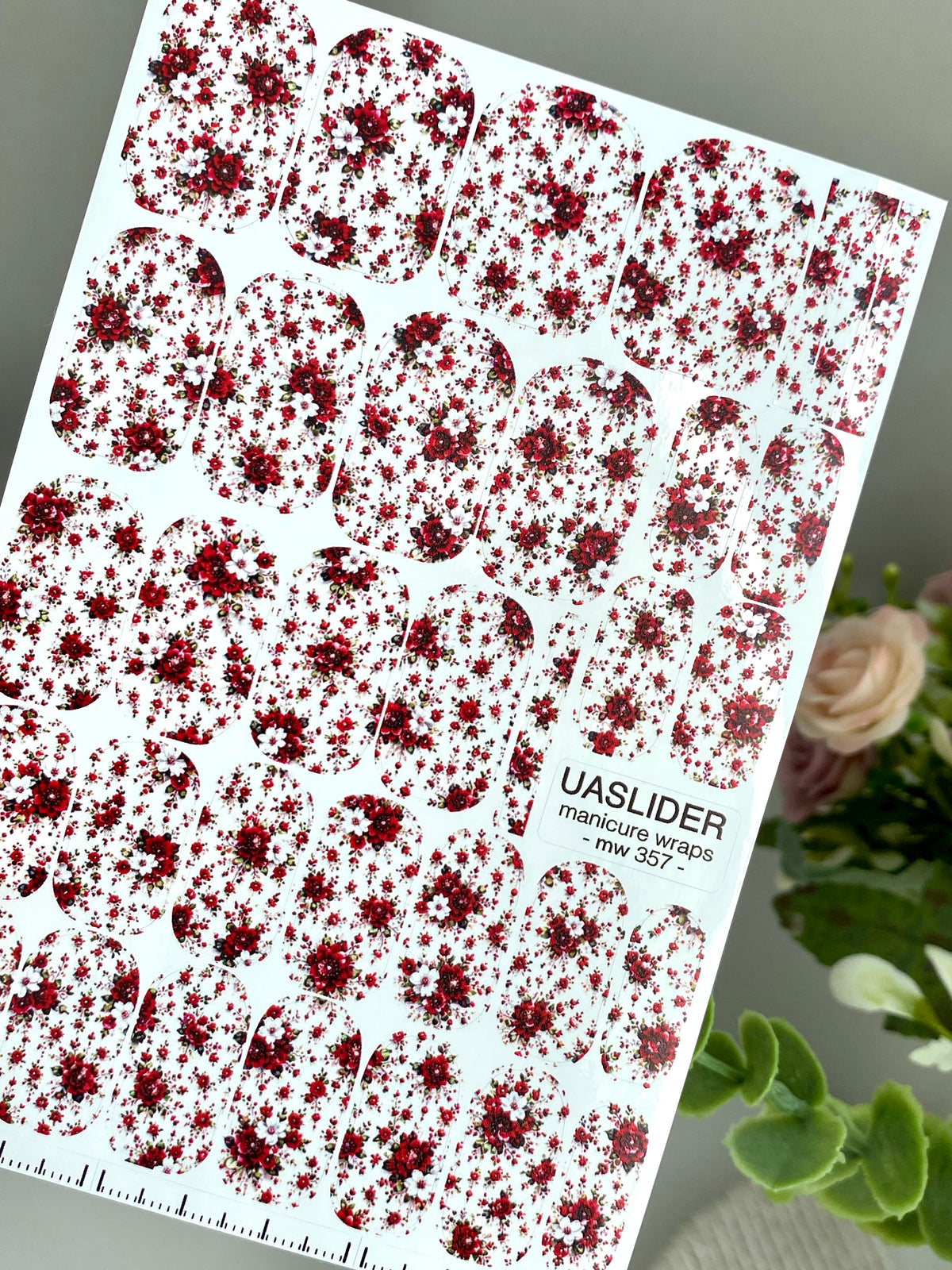 Red Rose Manicure Wraps — Tiny Floral Print | mw-357