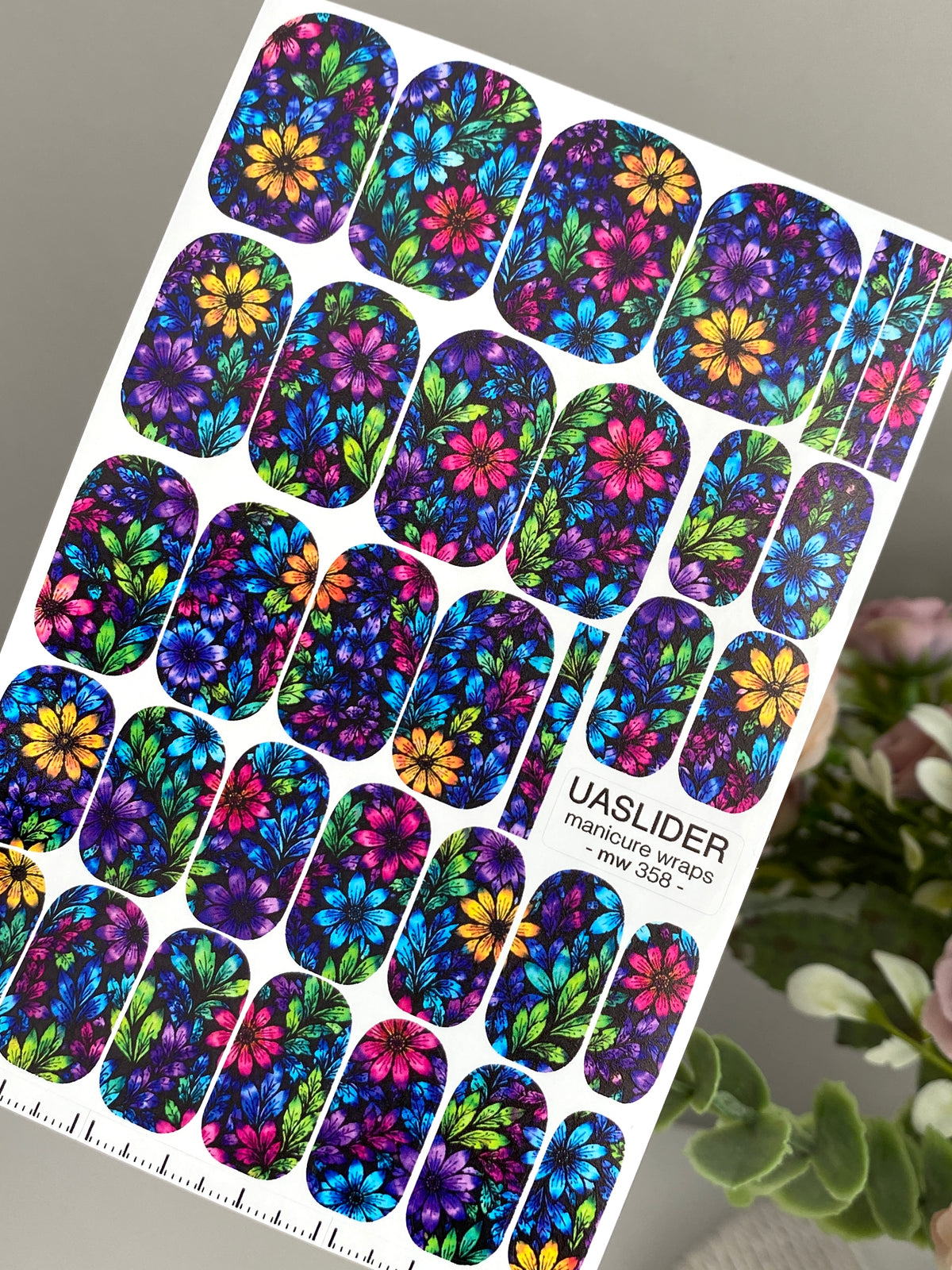 Neon Floral Manicure Wraps — Colorful Flowers | mw-358