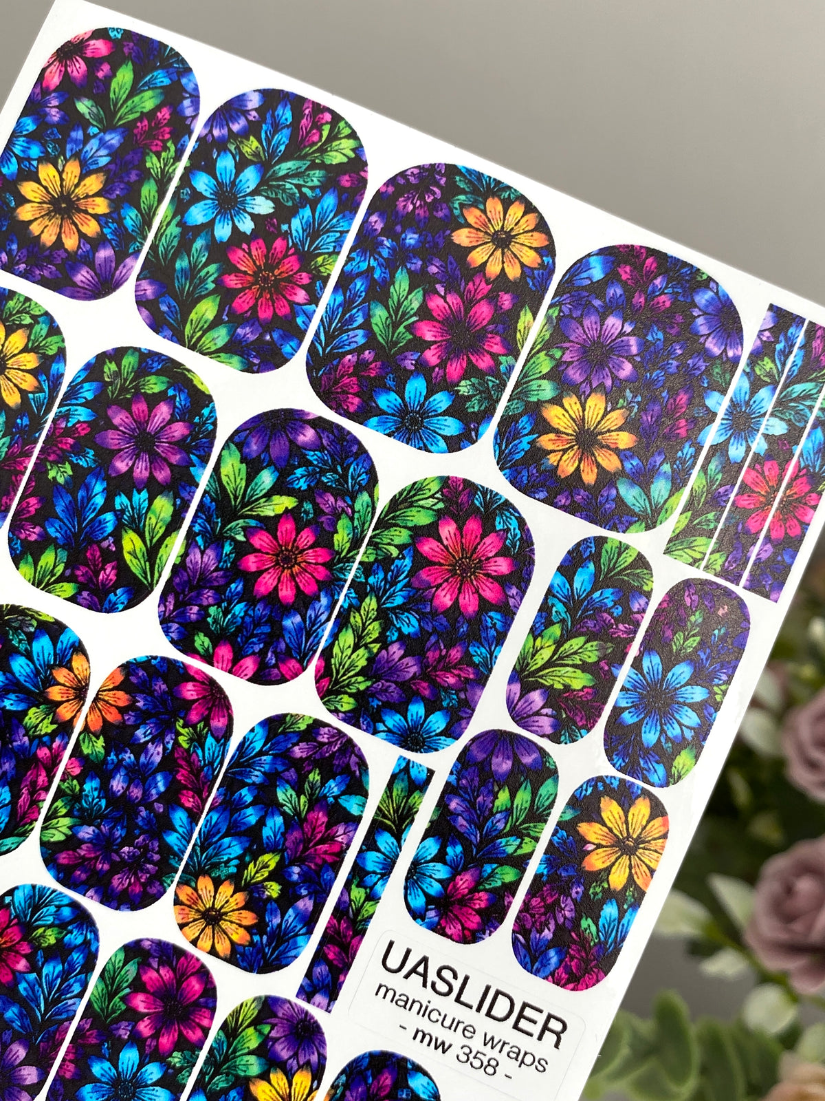 Neon Floral Manicure Wraps — Colorful Flowers | mw-358