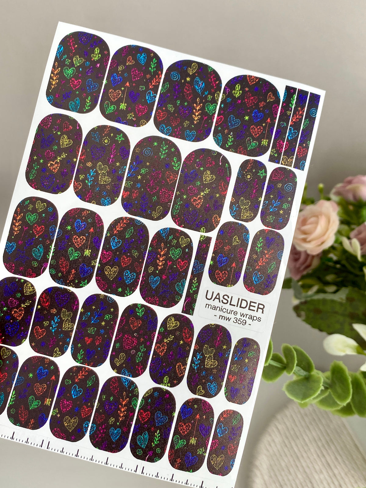 Neon Heart Manicure Wraps — Colorful Doodle Print | mw-359