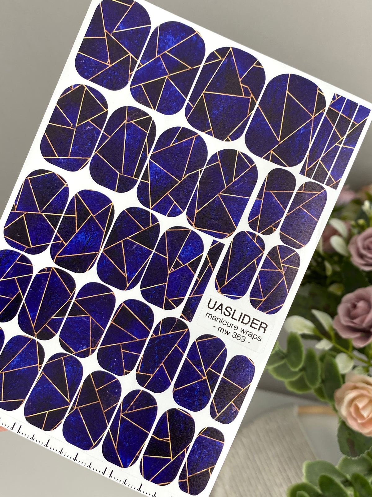 Cobalt Geometry Manicure Wraps — Fine Amber Lines | mw-363