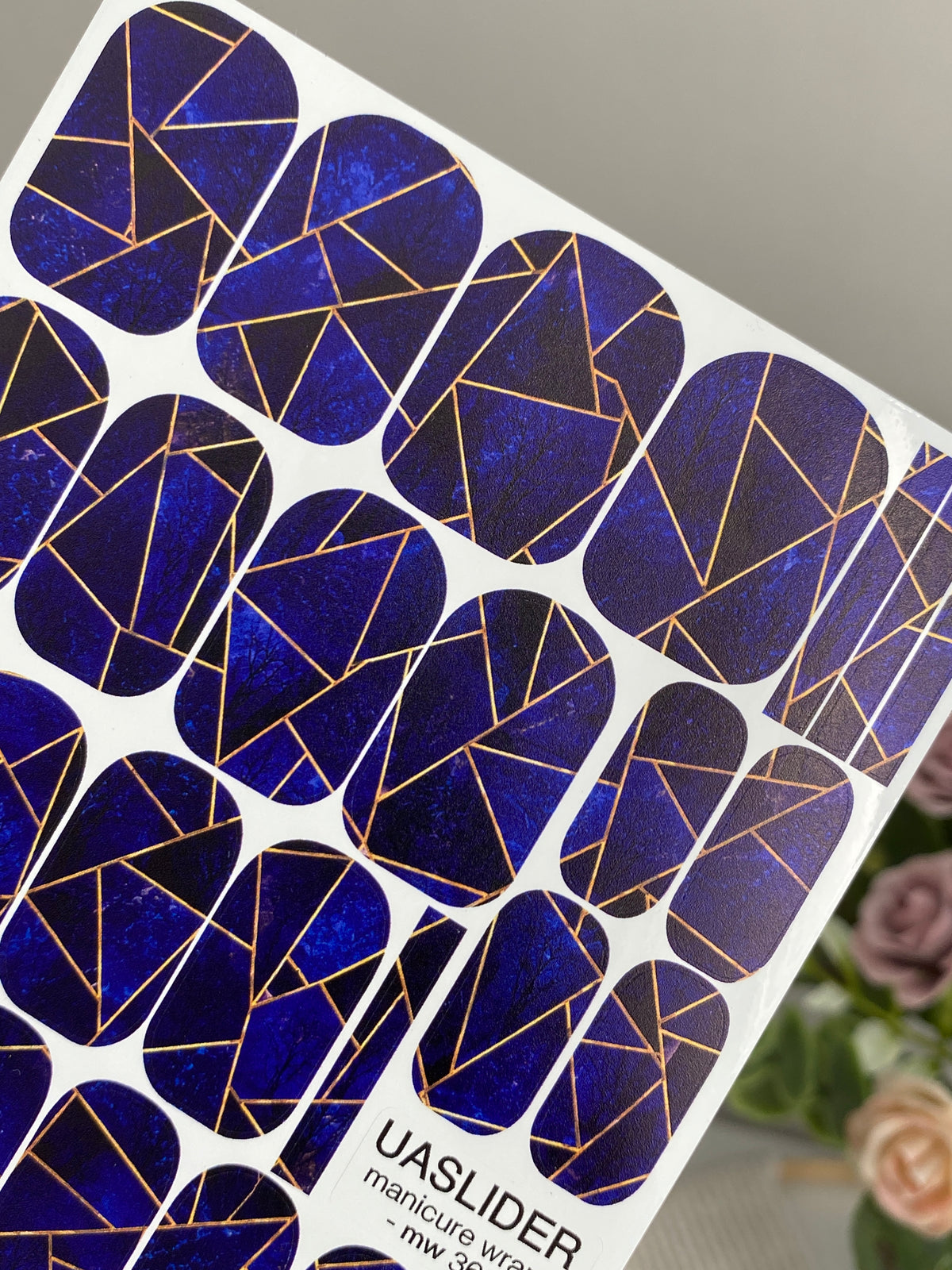 Cobalt Geometry Manicure Wraps — Fine Amber Lines | mw-363