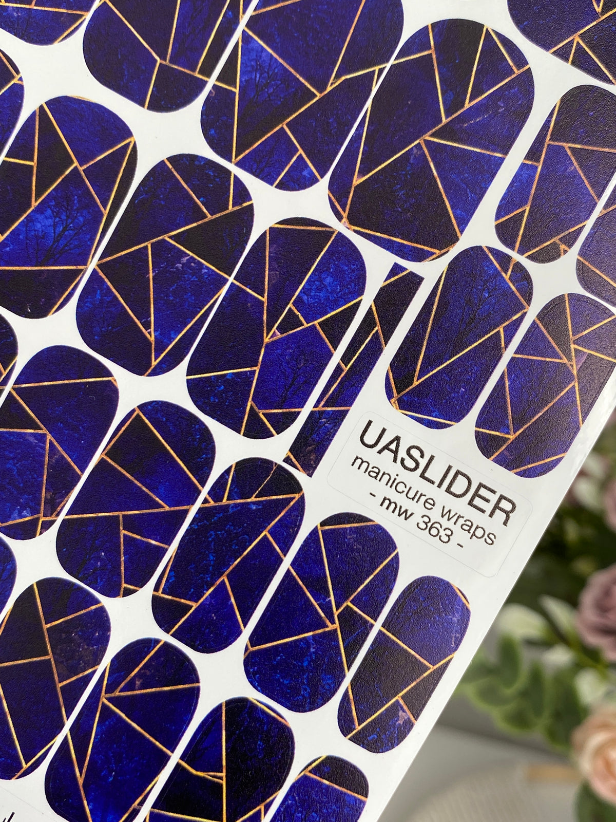 Cobalt Geometry Manicure Wraps — Fine Amber Lines | mw-363