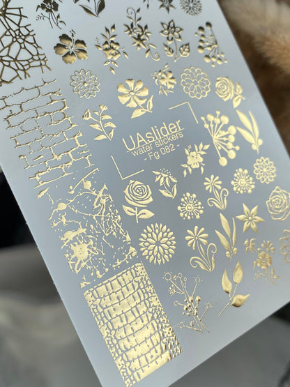 Nail Water Decal Fg-082 | Gold Foil Water Slide Nail Decals | Floral Mix & Textured Patterns