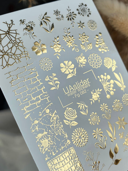 Nail Water Decal Fg-082 | Gold Foil Water Slide Nail Decals | Floral Mix & Textured Patterns