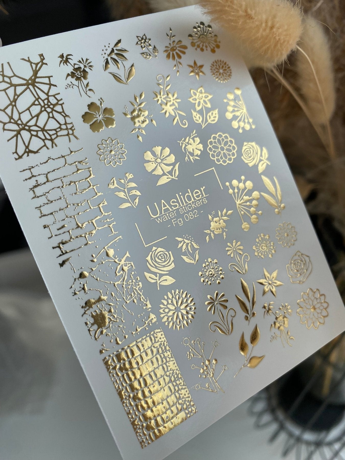 Nail Water Decal Fg-082 | Gold Foil Water Slide Nail Decals | Floral Mix & Textured Patterns - UASLIDER