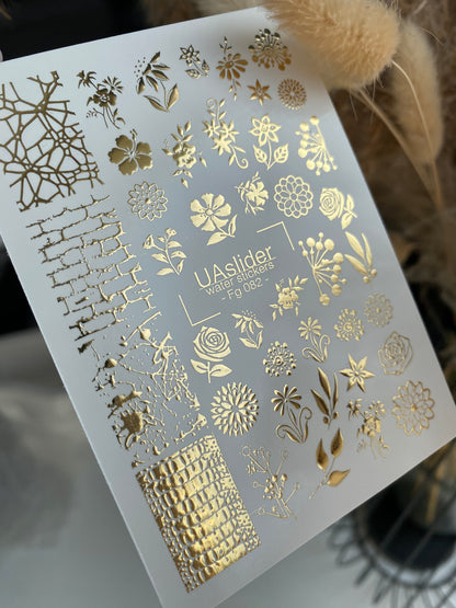 Nail Water Decal Fg-082 | Gold Foil Water Slide Nail Decals | Floral Mix & Textured Patterns