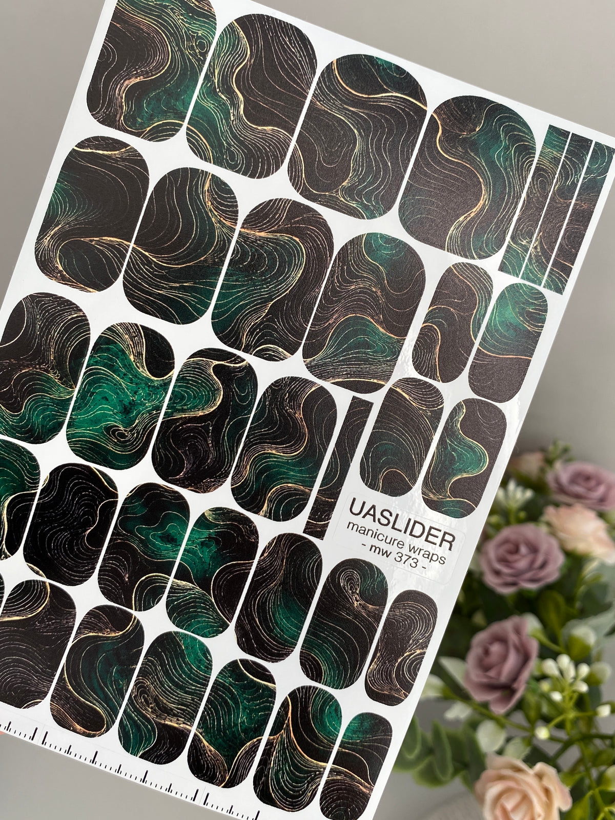 Emerald Topographic Manicure Wraps — Flowing Contour Lines | mw-373