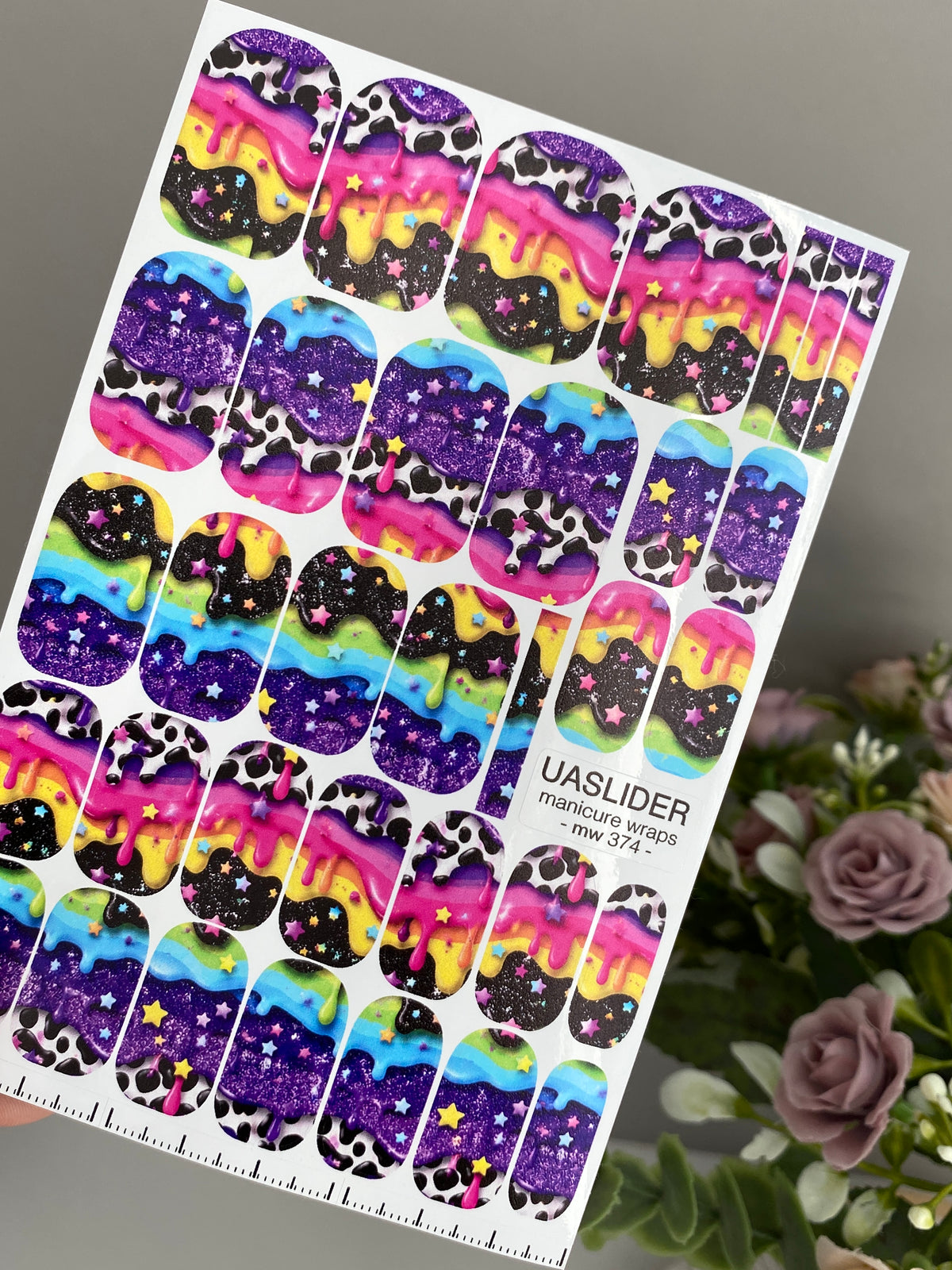 Rainbow Drip Manicure Wraps — Stars & Cow Print | mw-374