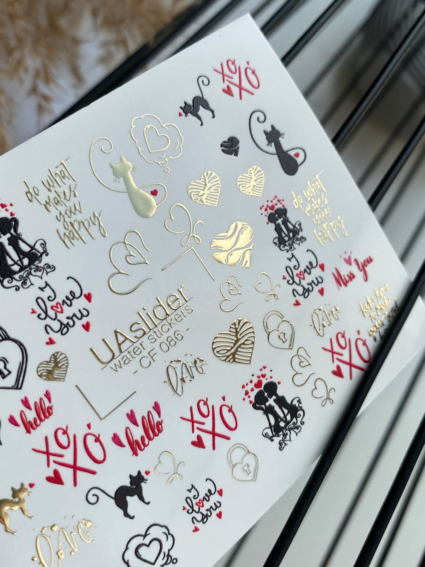 Nail Water Decal CF-086 | Romantic Cats & Love Symbols Water Slide Nail Decals | Hearts, Locks & Quotes