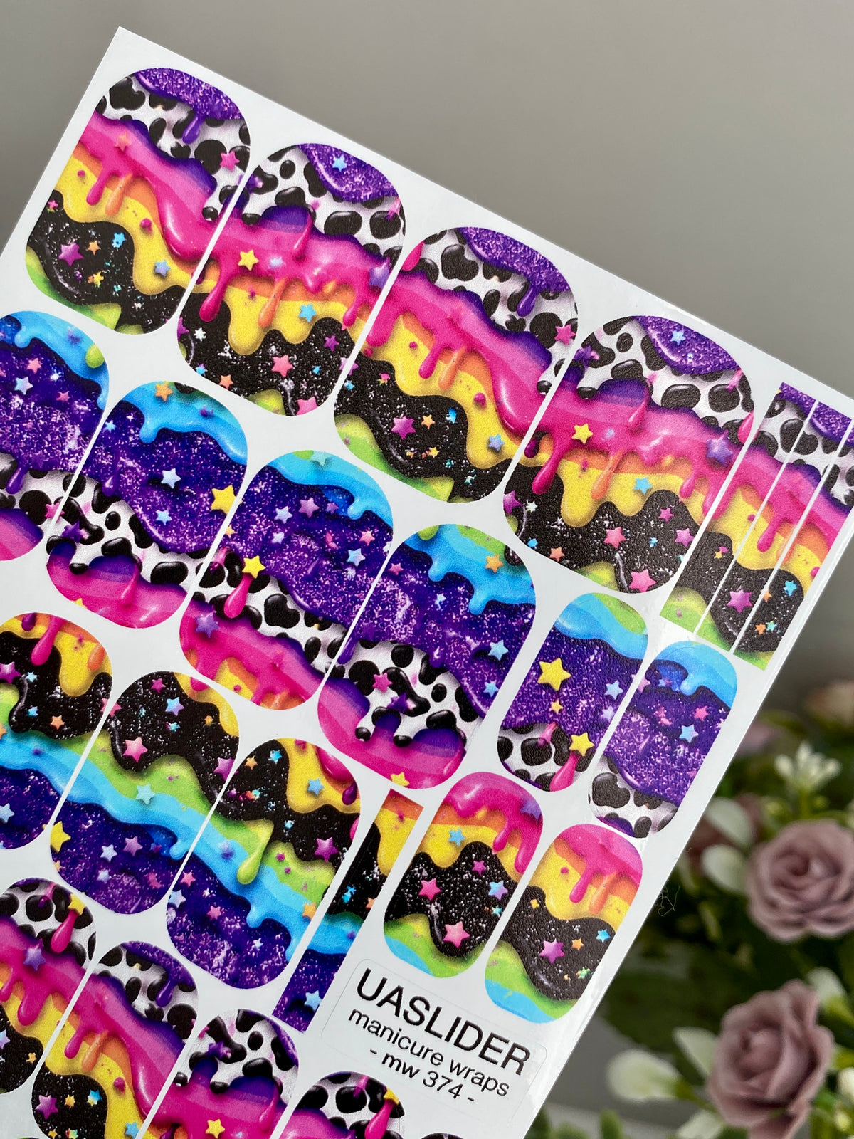 Rainbow Drip Manicure Wraps — Stars & Cow Print | mw-374