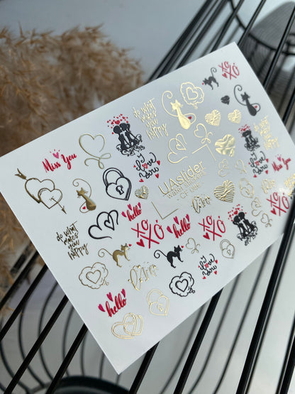 Nail Water Decal CF-086 | Romantic Cats & Love Symbols Water Slide Nail Decals | Hearts, Locks & Quotes