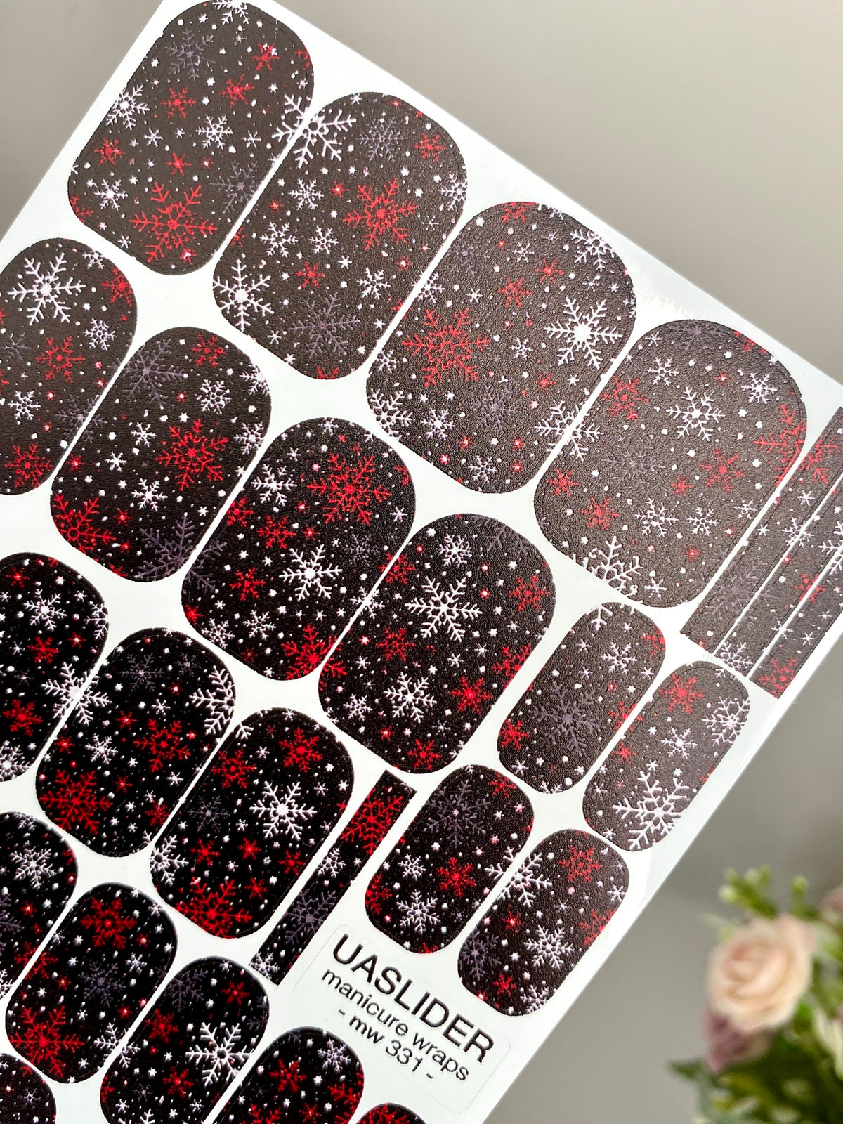Snowflake Manicure Wraps — Red & White on Black | mw-331