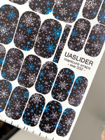 Blue Snowflake Manicure Wraps — White on Black | mw-332