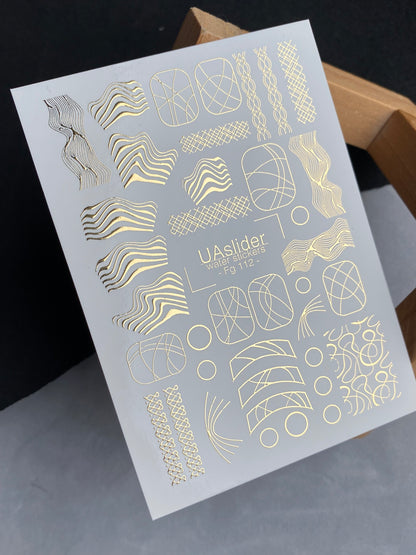 Naklejki na paznokcie wodne Fg-112 | Naklejki do paznokci do zmywania wodnego ze złotymi abstrakcyjnymi wzorami | Nowoczesne linie artystyczne