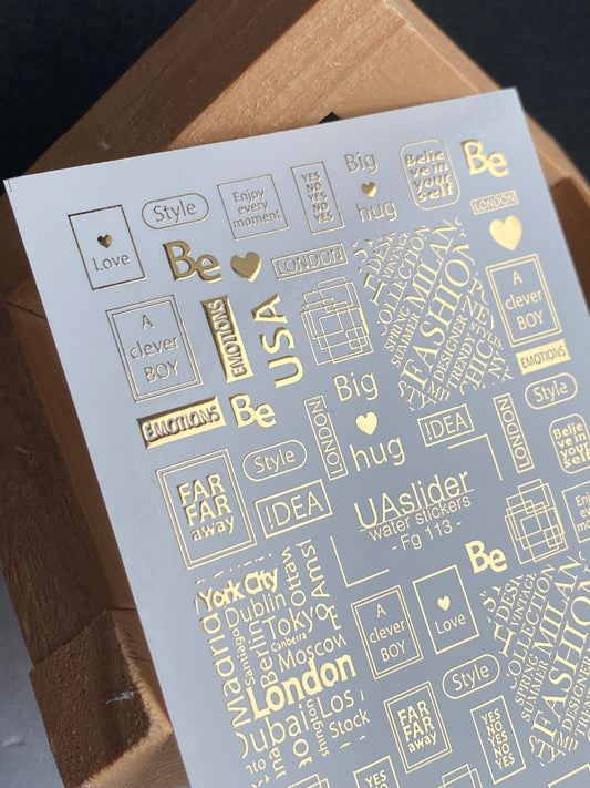 Nail Water Decal Fg-113 | Water Slide Nail Decals with Gold Quotes & Fashion Words | Modern Typography