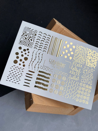 Adesivo per unghie Fg-138 | Adesivi per unghie a trasferimento ad acqua con linee astratte dorate e puntini | Nail art minimalista