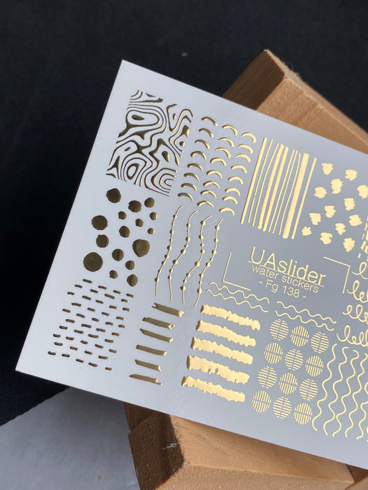 Nail Water Decal Fg-138 | Water Slide Nail Decals with Gold Abstract Lines and Dots | Minimalist Nail Art