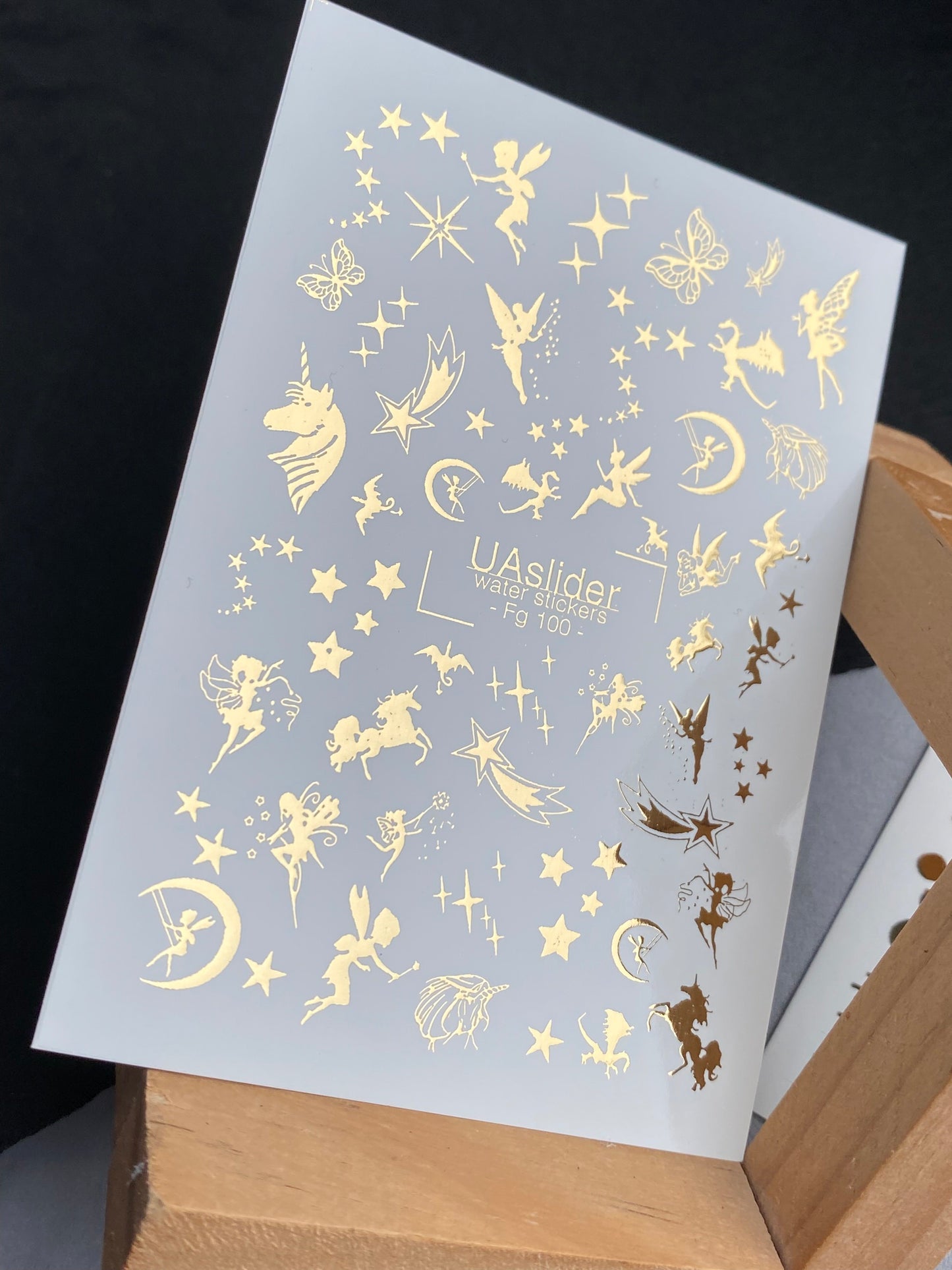 Nagel Wasserabziehbild Fg-100 | Wasserfolien Nagelabziehbilder mit Goldenen Feen & Sternen | Magische Fantasie
