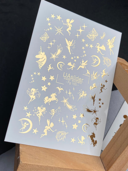 Nagel Wasserabziehbild Fg-100 | Wasserfolien Nagelabziehbilder mit Goldenen Feen & Sternen | Magische Fantasie