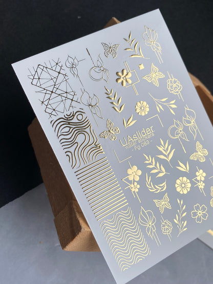 Nagų vandens lipdukas Fg-083 | Auksinės folijos vandens slydimo nagų lipdukai | Geometriniai gėlių raštai ir drugeliai