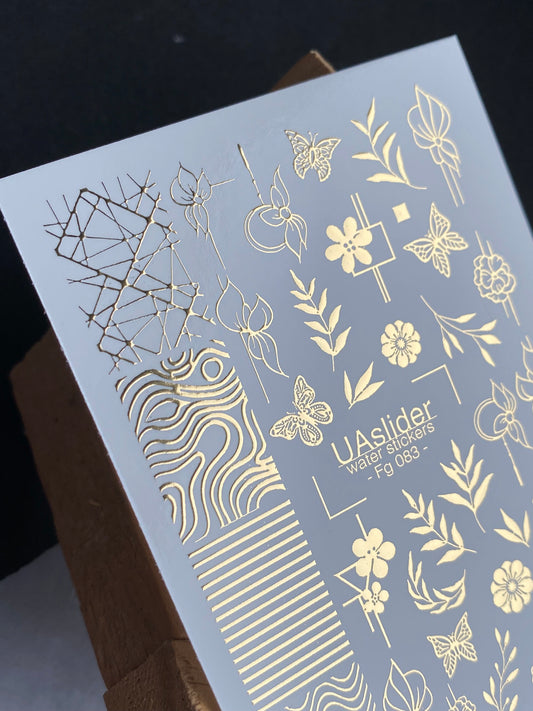 Nail Water Decal Fg-083 | Gold Foil Water Slide Nail Decals | Geometric Florals & Butterflies
