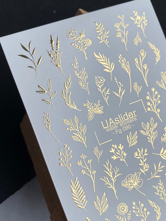 Nálepky na nehty Fg-090 | Zlaté fóliové vodní nálepky na nehty | Divoké květiny a botanické větvičky