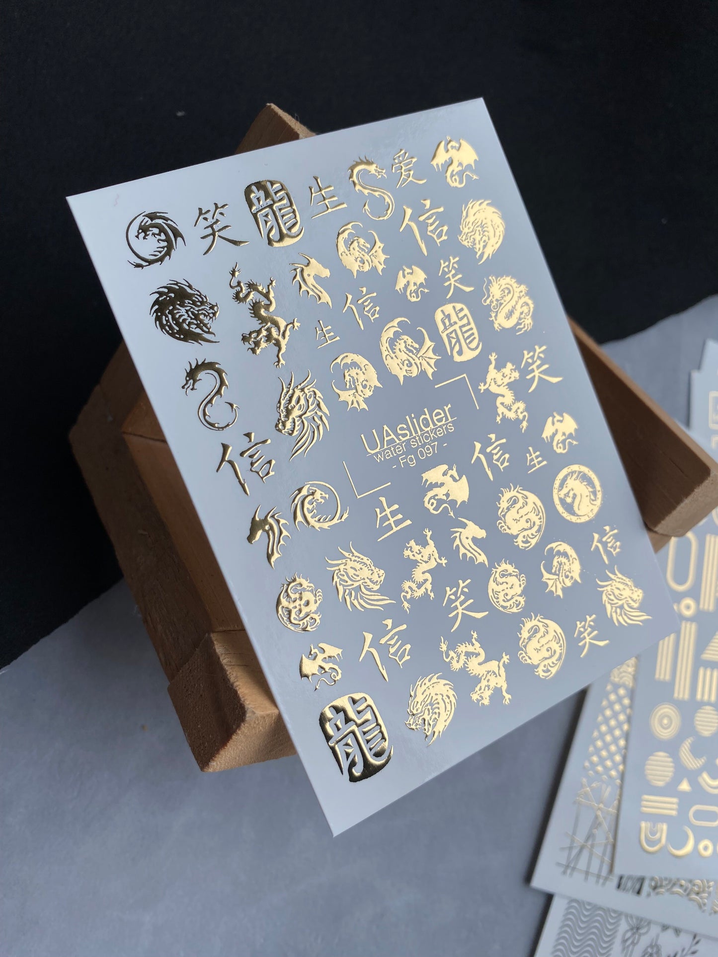 Nail Water Decal Fg-097 | Water Transfer Nail Decals with Gold Dragons | Chinese Symbols