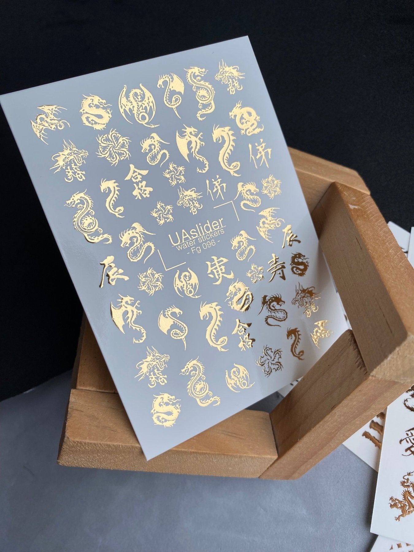 Nail Water Decal Fg-096 | Water Slide Nail Decals with Gold Foil Dragons | Chinese Calligraphy - UASLIDER