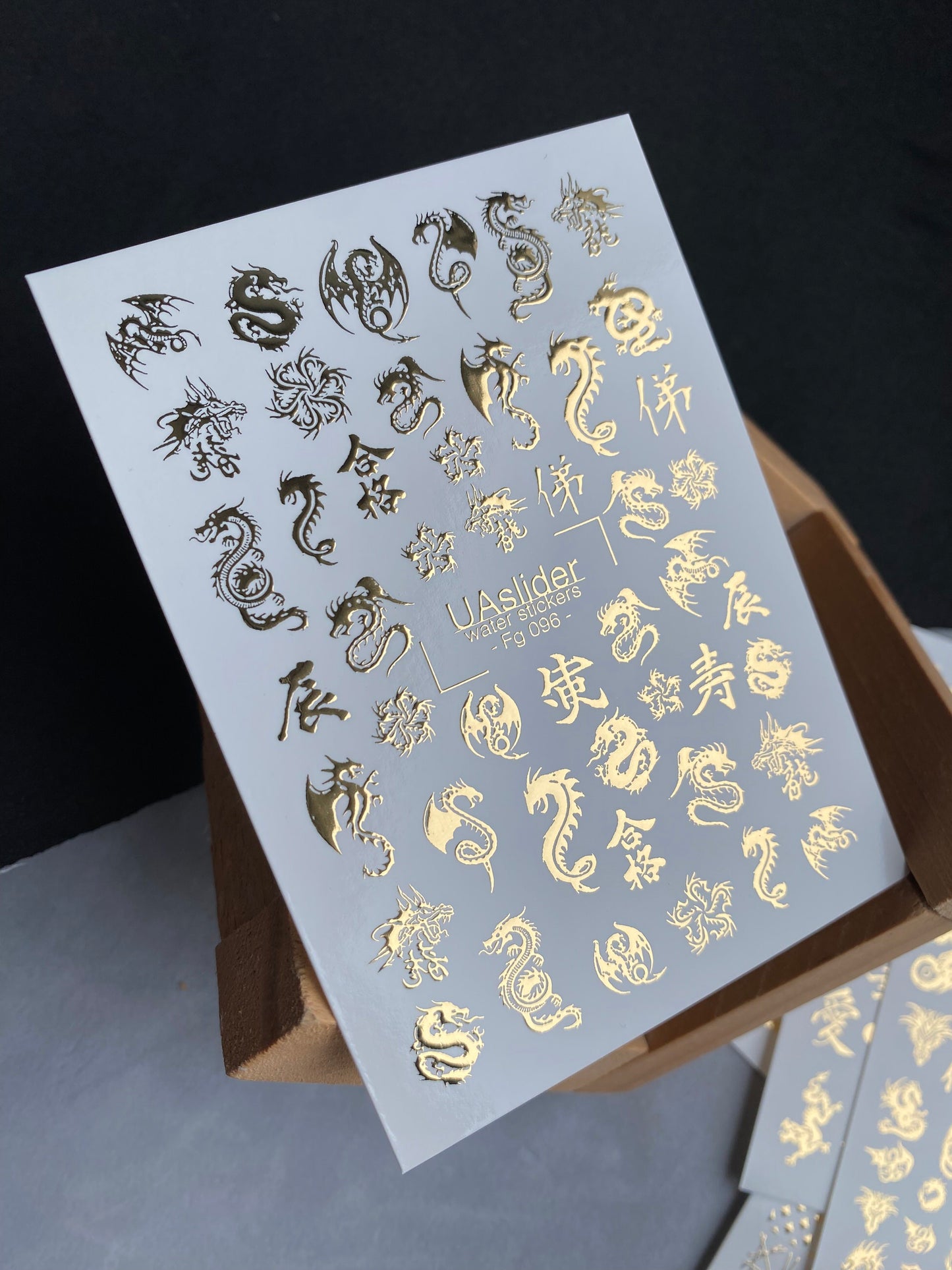 Nail Water Decal Fg-096 | Water Slide Nail Decals with Gold Foil Dragons | Chinese Calligraphy