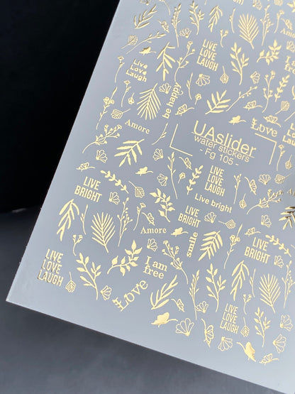 Adesivi per unghie ad acqua Fg-105 | Adesivi per unghie a scivolamento ad acqua con foglie d'oro e citazioni | Minimalismo botanico