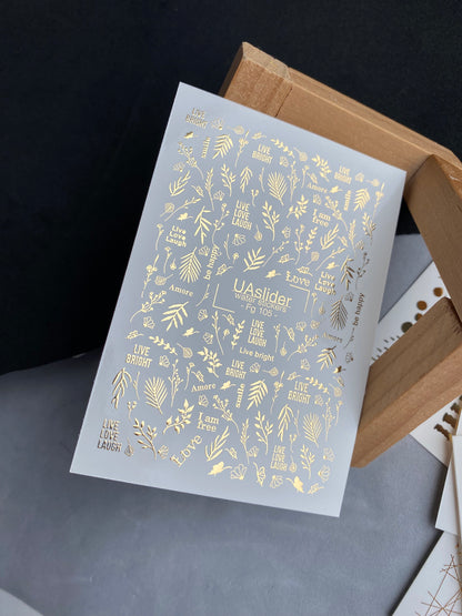 Adesivi per unghie ad acqua Fg-105 | Adesivi per unghie a scivolamento ad acqua con foglie d'oro e citazioni | Minimalismo botanico