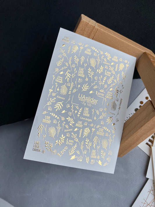 Nail Water Decal Fg-105 | Water Slide Nail Decals with Gold Leaves & Quotes | Botanical Minimalism