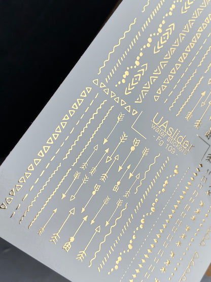 Nail Water Decal Fg-109 | Water Slide Nail Decals with Gold Lines & Arrows | Geometric Patterns