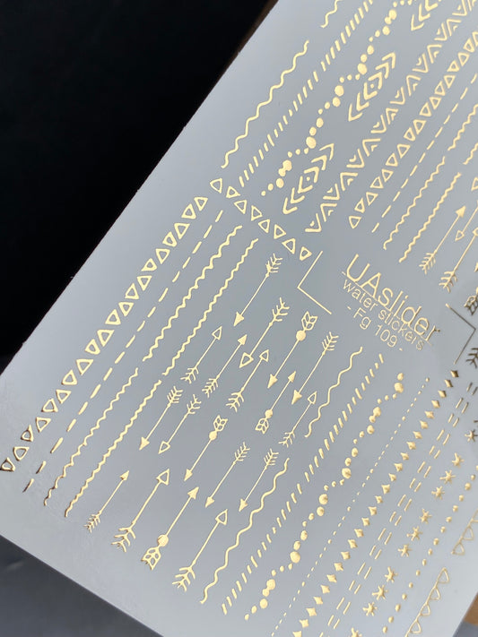 Nail Water Decal Fg-109 | Water Slide Nail Decals with Gold Lines & Arrows | Geometric Patterns